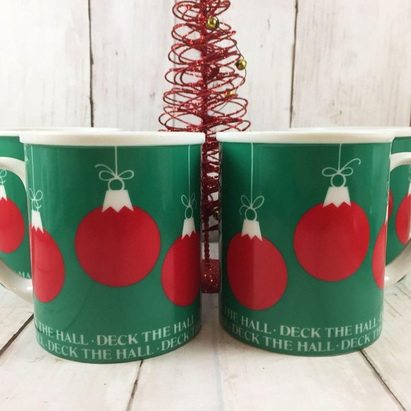 Dept 56 4 Christmas Mugs Deck the Halls Set of Red Ornaments Green Holidays - Picture 3 of 3